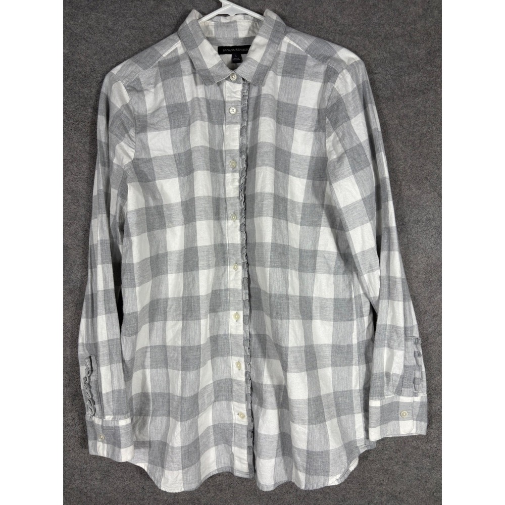 Banana Republic Womens Gray White Buffalo Check Ruffle Button Down Shirt L